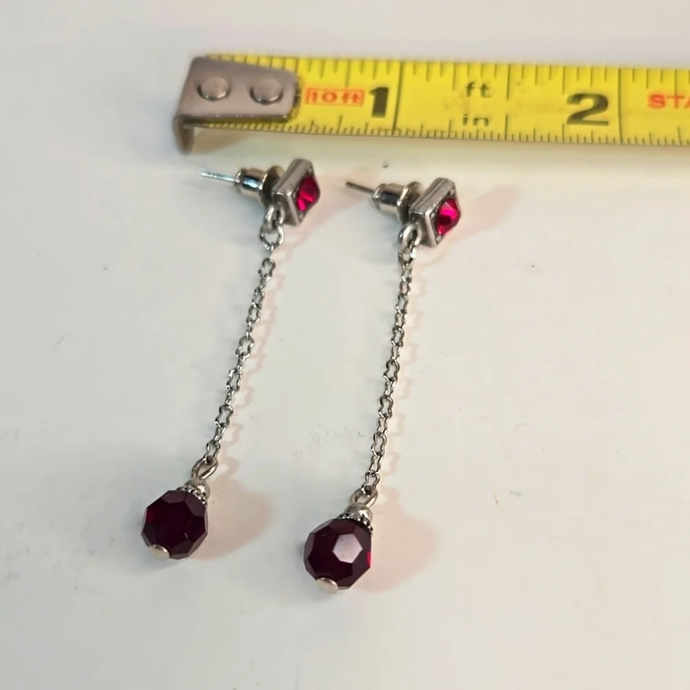 NWOT Artisan Silver and Red Crystal Dangle Drop Earrings Dainty Lightweight